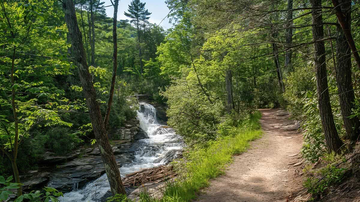 Hiking trail meanders through a vibrant green forest, leading towards a beautiful waterfall cascading over rocks