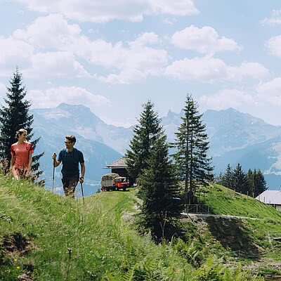 Zwei Personen wandern mit Stöcken einen grasbewachsenen Hang hinauf, umgeben von Tannenbäumen und Bergen im Hintergrund. Ein Gebäude und ein rotes Fahrzeug sind in der Nähe.