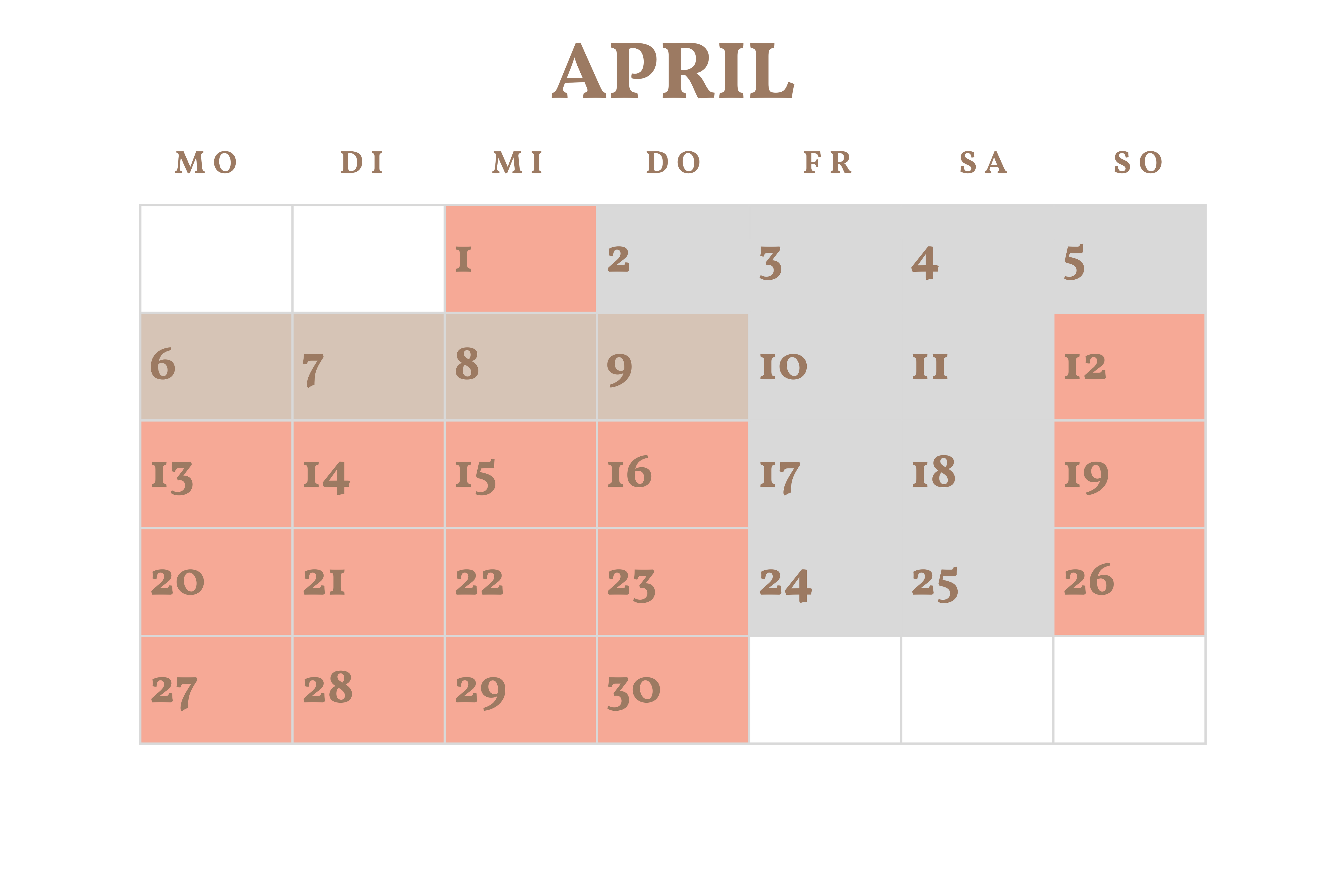 Kalender zeigt April mit hervorgehobenen Wochenenden. 
